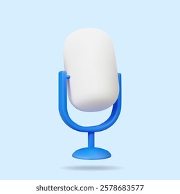 3D vector rendering illustration of a blue and white minimalist style desktop microphone icon. The design is simple, rounded and soft for podcasting, radio, communications, audio applications.