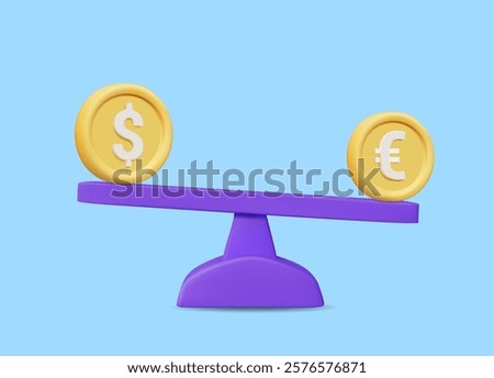 3D vector rendering illustration of currency balance concept icon between dollar and euro. There are gold coins placed on a purple board representing comparison or weighing.