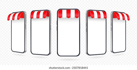 3D vector rendering of an image of a mobile phone with a red and white visor, a symbol of an online shopping store at a discount. Design element and icon for banners and advertising of online trading.