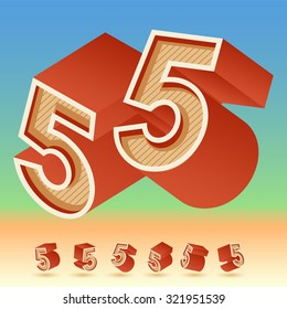 Alfabeto retro vectorial 3D para el diseño tipográfico de verano. Todos los símbolos en juego tienen 8 puntos de vista aleatorios. Número 5