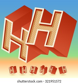 3D-Vektorretro-Alphabet für Sommertypografie-Design. Alle Symbole im Set haben 8 zufällige Ansichten. Buchstabe H