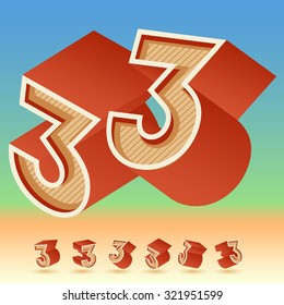 3D vector retro alphabet for summer typography design. All symbols in set have 8 random points of view. Number 3