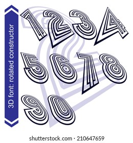 3d vector retro font with visual rotation effect, striped geometric numbers.