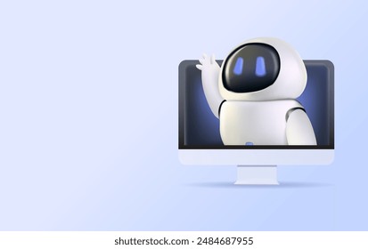 3d Vector Robot chatbot, artificial intelligence in computer screen. Technology and engineering concept. LLM, big data assistant, AI integration in science and business