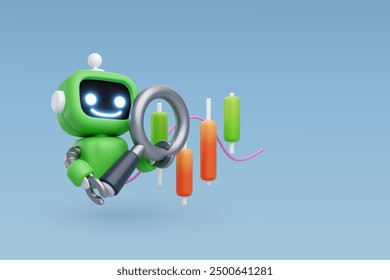 3d Vector Robot hold magnifying glass and trading on stock market, Financial and assistance indicator technology concept. Eps 10 Vector.