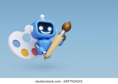 3d Vector Robot hold paintbrush with color palettes, Artificial Intelligence generative artwork concept. Eps 10 Vector.