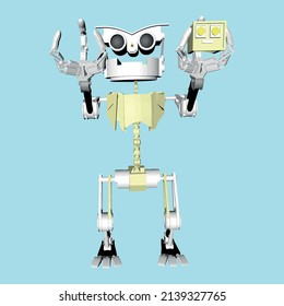 3D vector robot. Mechanical robot drawing. Mechanical robot with white hands, yellow body, arms, body, feet and parts. 3D robot front view.