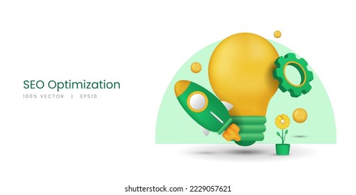 3d vector rocket and bulb with illustration concept of seo optimization, web analytics, and marketing.