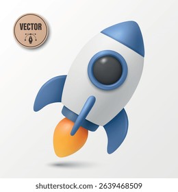 3d Vector Rocket. 3D Cartoon Rocket Icon with Fire Flame. Modern Rocket Design for Startup, Technology, Science, Launch, Web, App, Education, Success Concept. Business Growth, Innovation