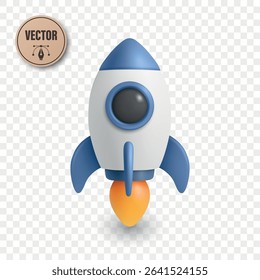 3d Vector Rocket. 3D Cartoon Rocket Icon with Fire Flame. Modern Rocket Design for Startup, Technology, Science, Launch, Web, App, Education, Success Concept. Business Growth, Innovation