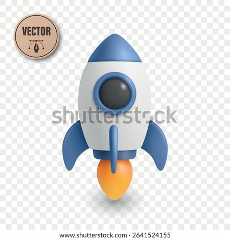 3d Vector Rocket. 3D Cartoon Rocket Icon with Fire Flame. Modern Rocket Design for Startup, Technology, Science, Launch, Web, App, Education, Success Concept. Business Growth, Innovation