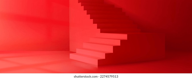 3D-Vektorraum mit Treppe, roter Wandhintergrund. Minimaler geometrischer, realistischer Fußboden mit Treppe für das Produkt. Blickwinkel-Ansichtslayout mit Plattform, Licht aus Fenster. Minimalistische Präsentation