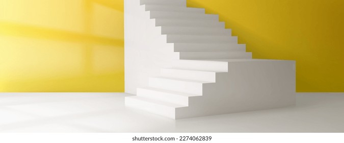 3D-Vektorraum mit Treppe, gelber Wandhintergrund. Minimaler geometrischer, realistischer Fußboden mit Treppe für das Produkt. Blickwinkel-Ansichtslayout mit Plattform, Licht aus Fenster. Minimalistische Präsentation