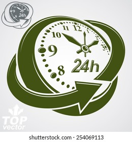 3d vector round 24 hours clock with arrow around, simple version included. Time idea perspective classic symbol. Twenty-four hours a day conceptual elegant icon.