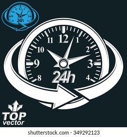 3d vector round 24 hours clock with arrow around. Business graphic perspective timer. Twenty-four hours a day conceptual elegant icon, isolated on dark background.