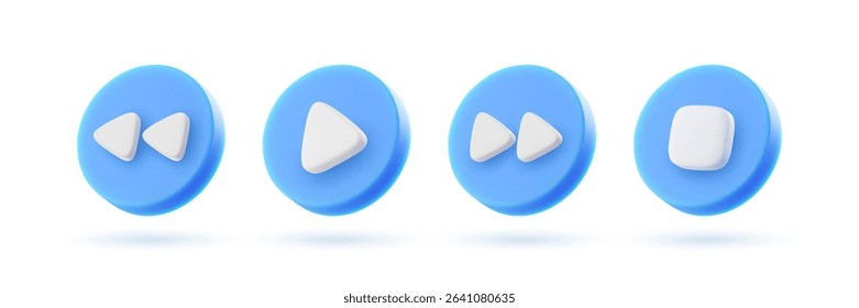 3d vector round blue buttons for player in minimal cartoon style: stop, play, rewind, fast forward. Vector illustration.