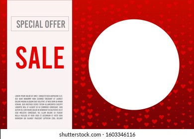 3d vector round frame on red background with vector hearts. Concept sale special offer
