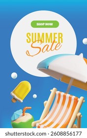 3D vector round frame summer sale poster with beach chair, umbrella, ice cream and coconut. Vacation, travel and beach holiday concept. Cartoon style. Space for text. Illustration.