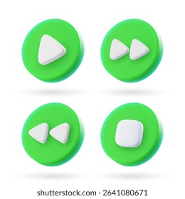 3d vector round green buttons for player in minimal cartoon style: stop, play, rewind, fast forward. Vector illustration.