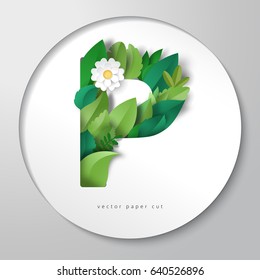3d vector round paper cut design. Letter P of leaves and flower.