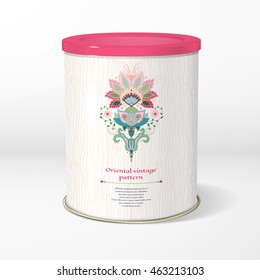3D vector round tin packaging. Tea, coffee, dry products. Indian oriental traditional flower and hand drawing pattern imitating wooden texture. Place for your text.