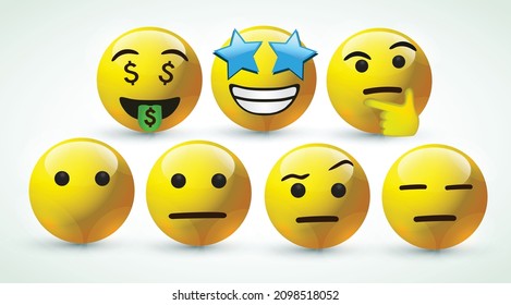 3d Vector Round Yellow Cartoon Bubble Emoticons Social Media Facebook Instagram Whatsapp Chat Comment Reactions, Icon Template Face Money, Straigh Thinking Flat Star Love Heart Emoji Character Message