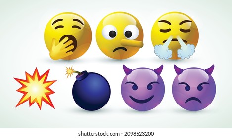 3d Vector Round Yellow Cartoon Bubble Emoticons Social Media Facebook Instagram Whatsapp Chat Comment Reactions Icon Template Face Lying Yawning Steam From Nose Smiling Horns Emoji Character Message