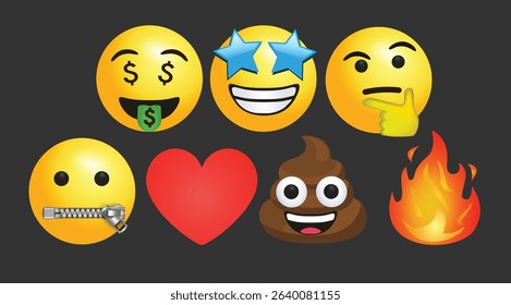 3d vector round yellow cartoon bubble group emoticons social media x wechat Whatsapp chat comment reactions, icon template face money, zip, thinking fire star love heart emoji character message