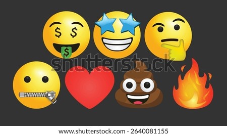 3d vector round yellow cartoon bubble group emoticons social media x wechat Whatsapp chat comment reactions, icon template face money, zip, thinking fire star love heart emoji character message