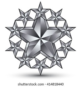 3d vector rounded royal symbol, sophisticated silvery round emblem with pentagonal stars isolated on white background, glossy gray element.