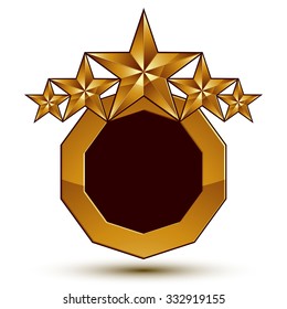 Símbolo real vectorial 3d, emblema redondo dorado sofisticado con estrellas aisladas en fondo blanco, elemento aurum brillante.