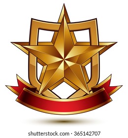 3d vector royal symbol, sophisticated protection shield with golden star and red wavy stripe, decorative emblem isolated on white background, dimensional glossy element.