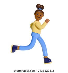 3D vector running black woman. Female cartoon character jogging in casual attire. Participation in sports races, athletic competitions. Isolated illustration, white background.