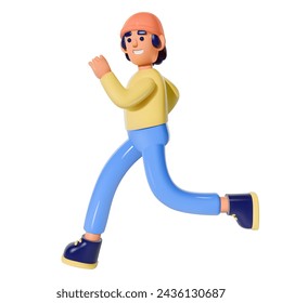 3D vector running man. Male cartoon character jogging in casual attire. Participation in sports races, athletic competitions. Isolated illustration, white background.