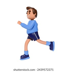 3D vector running man. Male cartoon character jogging in casual attire. Participation in sports races, athletic competitions. Isolated illustration.