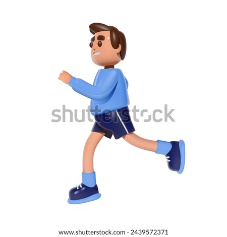 3D vector running man. Male cartoon character jogging in casual attire. Participation in sports races, athletic competitions. Isolated illustration.