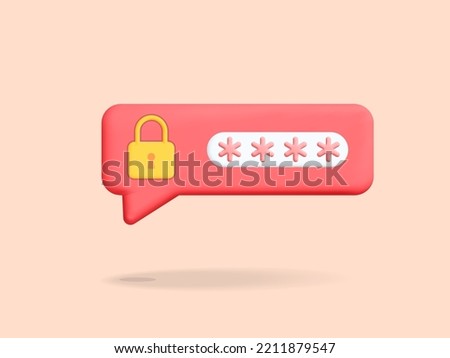 3d vector safety login and registration pop up widow push message design. Red bubble chat notification  protected with password login user interface with yellow lock and secret pin code. Web safety.