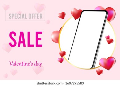 3d vector saint valentine s day golden round frame on colourful background with vector hearts. Concept sale special offer
