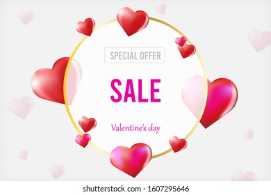 3d vector saint valentine s day golden round frame on colourful background with vector hearts. Concept sale special offer on white background
