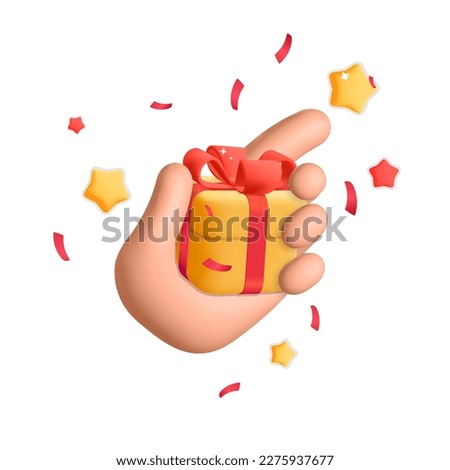 3d vector sale discount bonus present mockup element for holiday celebration event female hand holds present gift box with floating stars design illustration