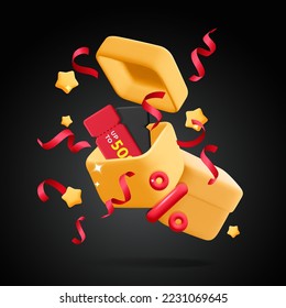 3d vector sale discount coupon ticket inside present gift yellow box web design element. Cartoon render benefit shopping holiday surprise bonus offer voucher promotion poster template.