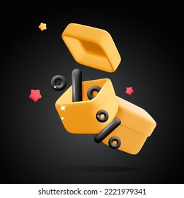 3d vector sale poster open and closed yellow boxes with black percent discount symbol inside and flying stars Realistic plastic render for online shopping, ad digital promotion, holiday event, cyber