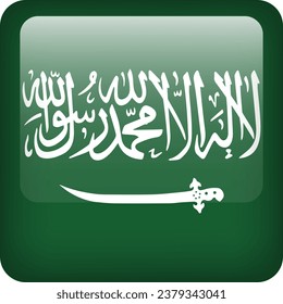 3d vector Saudi Arabia flag glossy button. Saudi Arabian national emblem. Square icon with flag of Saudi Arabia