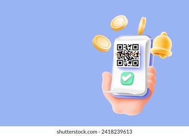 3D vector, Scan QR code and pay with mobile phone. Cartoon hand using Smartphone scan QR code pay bill. Convenient and fast mobile bill payment concept. Online transactions, payment with application