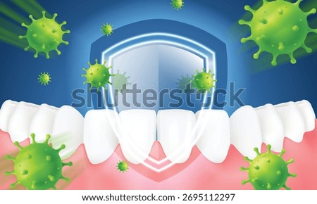 3D vector scene of dental immunity. Healthy teeth and gums are protected by a glowing blue shield. Green viruses are actively blocked. Symbolizes protective toothpaste or mouthwash