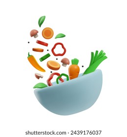 3D vector scene of salad preparation. Vegetables, mushrooms, spices fly into a deep blue cup. The process of preparing vegotorian salad on an isolated background. Healthly food.