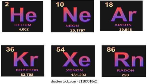 3D VECTOR SCIENTIFIC ILLUSTRATION PACK OF INERT GASES SYMBOLS WITH ATOMIC NUMBERS OF PERIODIC TABLE