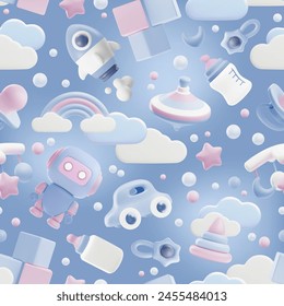 3D vector seamless illustration with the image of children's toys on a blue background. A car, robot and rocket create a cute pattern on a blue background. Ideal for wallpaper or textile print.