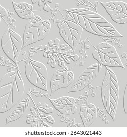 Motif harmonieux d'Image vectorielle 3d de fleurs de feuilles en relief sur fond gris. Élégant motif feuillu texturé en relief grunge avec des détails botaniques. Ornements modernes à feuilles répétées avec effet de gaufrage.