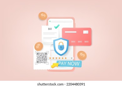 3d vector secure payment online via mobile phone app. Internet banking app. Mobile phone payment with NFC technology, High-level payment security. E-payment. 3D Vector Illustration.